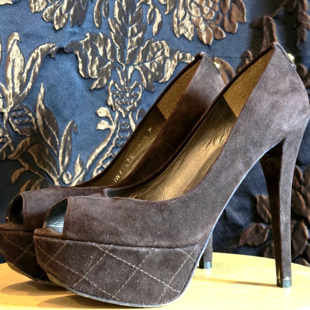 Chocolate Brown Stuart Weitzman Peep Toe Platform Heels, 7.5
